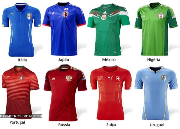 camisa da italia, japao, mexico, nigeria, portugal, russia, suica e uruguai
