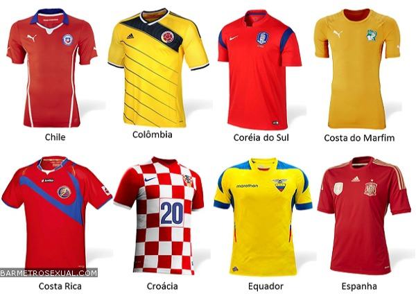 camisa do chile, colombia, coreia do sul, costa do marfim, costa rica, croacia, equador e espanha